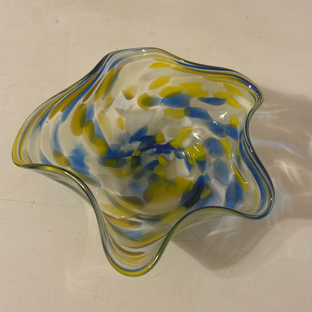 Vetro Art scalloped 7” bowl in clear, blues and green swirls.